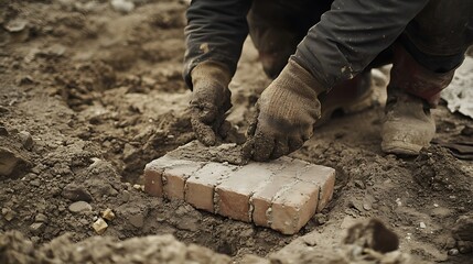 Construction Worker Laying Bricks in Mud