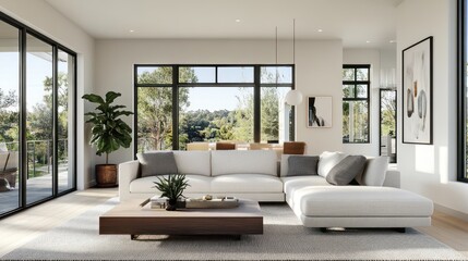 Fototapeta premium Modern living room, hillside view, sunlight, interior design