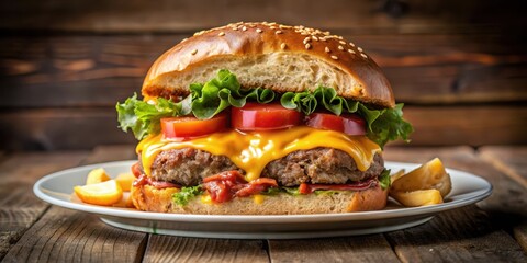 Juicy cheeseburger cut in half on a plate with melted cheese and toppings , burger, gastronomic pleasure