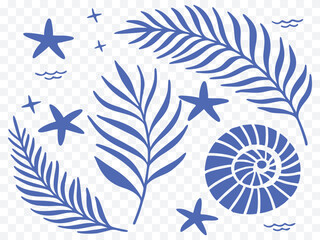 Tropical blue line art featuring palm leaves, sea stars, ocean waves, and a nautilus shell, perfect for summer, beach designs, coastal  vacation themes, and marine illustrations.