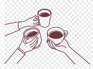 Three hands holding coffee cups together, minimal line art illustration symbolizing friendship, morning coffee meeting, cozy gatherings, celebration vibes, and social connection artwork.