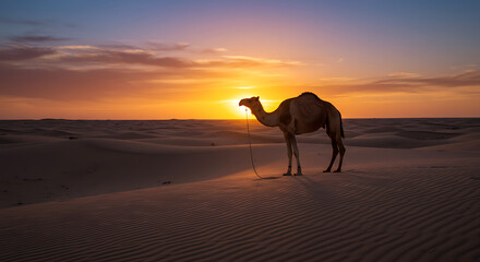 Camel stands serenely in desert landscape at sunset in Tunisia North Africa