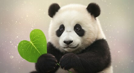 Naklejka premium Cute panda cub holding a green heart-shaped leaf against a sparkling dreamy background, heartwarming wildlife moment
