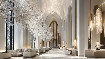 Fototapeta premium Luxury hotel lobby, grand hall, floral decor, city view