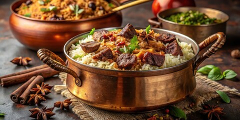 Fragrant basmati rice mixed with aromatic spices and marinated lamb or beef, cooking in a large, copper-bottomed pot over an open flame , tender meat, copper bottom pot