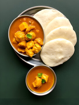 Chicken curry with pathir and ideyappam,a good combination of chicken curry with nice pathiri ,white pathiri and ideyappam arranged on dark green texture background.