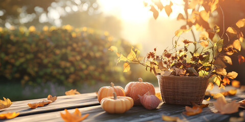 Autumn Picnic Table with Pumpkins and Fall Leaves

