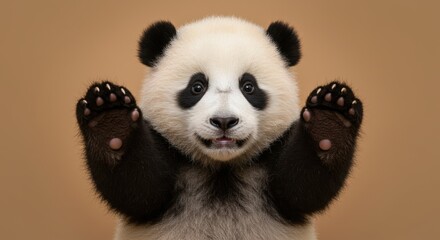 Obraz premium Adorable panda cub raising its paws, facing the camera with a joyful expression on a neutral background.