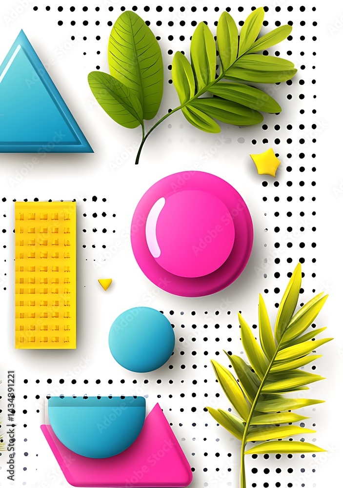 Poster dynamic geometric composition with botanical elements on dotted backdrop