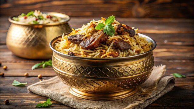 Fragrant mutton biryani served in a golden bowl , food, mouthwatering ,  food