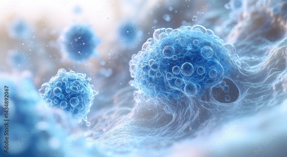 Poster intricate cellular structures with dynamic, light blue forms.