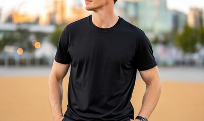 Fototapeta premium Man in a blank black t-shirt outdoors
