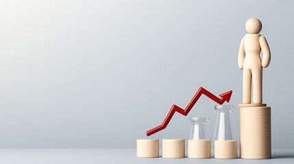 Wooden Figure Reaching Success Upward Trend Graph on Cylinders