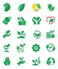 set of green eco icons illustration, design, solar, friendly, natural, sign, symbol, environment, leaf, nature, vector, ecology, eco, icon, recycle, plug, renewable, background, electricity, 