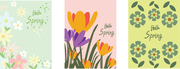 Spring set of cutest cards or posters for the spring holiday with wildflowers, tulips, daisies. Hand drawn Floral art templates for Womens Day, birthday, Mothers Day, Easter decoration and greeting