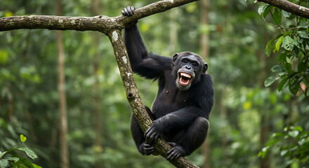 Chimpanzee swinging on a branch in the forest with a huge smile