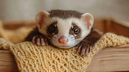 Adorable ferret resting on a cozy yellow knitted blanket inside a wooden box. Perfect for pet, animal, or home decor projects.
