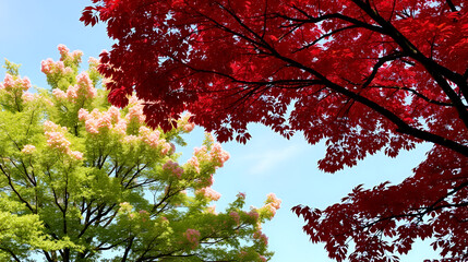 Tree with green summer foliage and tree with red autumn foliage against blue sky
