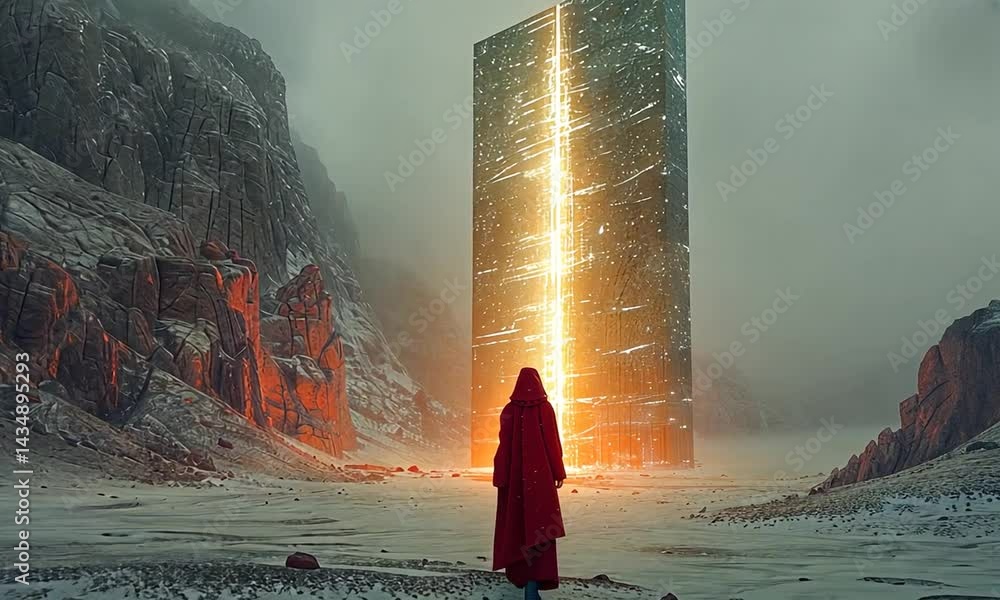Aufkleber a mysterious figure in a red cloak stands before a towering monolith illuminated by a golden light i