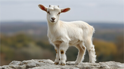 Obraz premium Adorable young white goat kid standing on rocks, gazing at the camera against a blurred scenic background. Perfect for nature, animal, or farm themes.