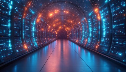 Futuristic tunnel illuminated with vibrant glowing lights.