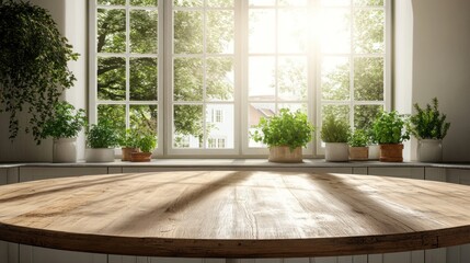Fototapeta premium Sunny kitchen table, herbs, window, city view