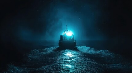 Illuminating the nocturnal seascape: A boat's journey under a starlit expanse