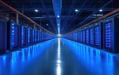 Fototapeta premium Vast server room interior illuminated by blue lights.