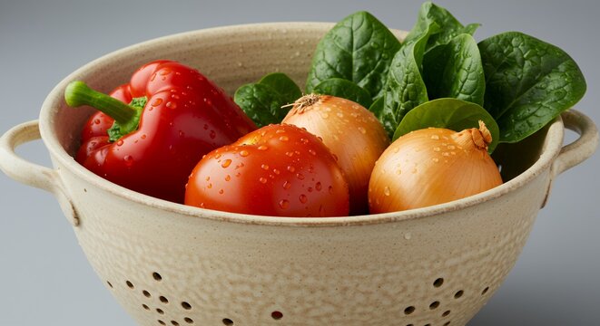 Fresh Vegetables in a Rustic Colander: Red Bell Pepper, Tomatoes, Onions, and Spinach