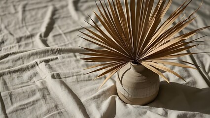 Obraz premium A trendy neutral-toned boho composition with dried palm leaves, a ceramic vase, and linen fabric.