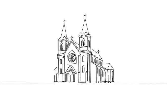Elegant one line drawing illustration of a grand historical church