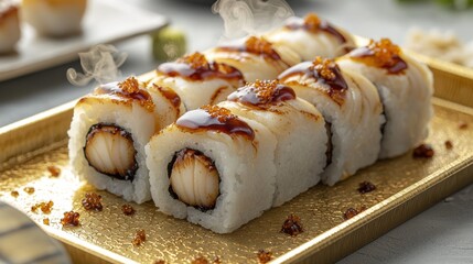 A close-up of beautifully arranged sushi rolls with seared scallops and delicate caviar.
