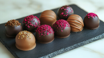 Obraz premium Delicious assortment of gourmet chocolate truffles with various toppings arranged on a slate plate. Perfect for Valentine's Day, gift giving, or decadent dessert photography.