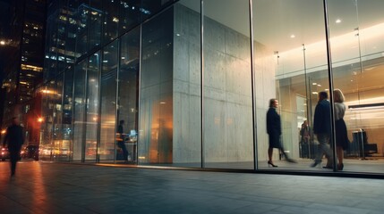 Group of Business people walking in the office corridor in night,People in business center walking at hall,motion go around at coworking space,Wide image,Concept of office life,co working space.
