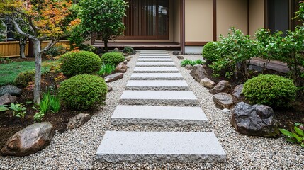 Obraz premium Serene japanese garden pathway with gravel and stone tranquil environment aesthetic viewpoint nature's beauty
