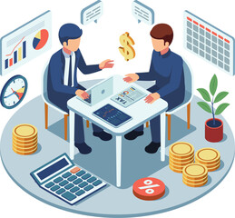 Isometric Tax Advisor Assisting Businessman for Financial Planning