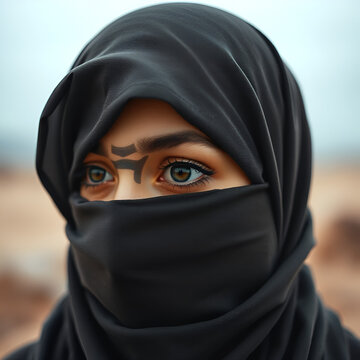 closeup of muslim woman eye wearing burkha intese look