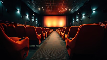 People in the cinema auditorium with Cinema blank wide screen and red chairs in the cinema hall,People silhouettes watching movie performance,empty white screen,space for text,copy space.