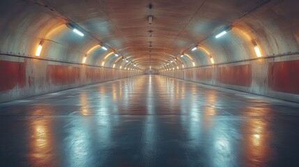 Fototapeta premium Empty, long tunnel's interior, brightly lit and reflecting.