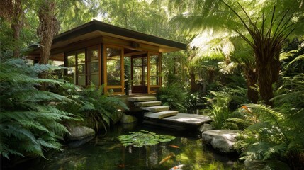 Obraz premium Bamboo bridge with wooden plank steps crossing to a small meditation pond, surrounded by moss-covered rocks and maple trees, autumn leaves floating on the water's surface in golden afternoon light
