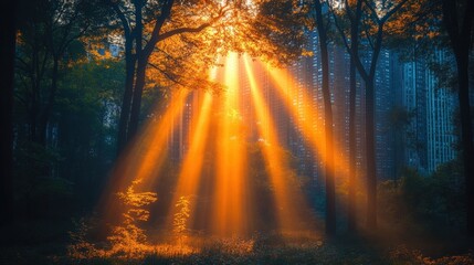 Obraz premium Golden sunlight beams through a dense forest canopy.