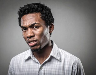 Fototapeta premium 黒人,男性,20代,イライラしている,シンプルな白い背景,AIモデル,Simple white background,Japanese,Male,Twenties,Irritated,AI Model