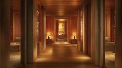 Warm, wooden hallway in a luxurious spa