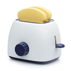 A plastic toy toaster with bread on a white background.