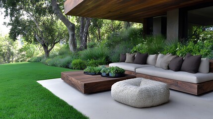 Modern Outdoor Patio with Lush Greenery and Wooden Furniture