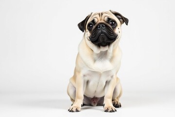 Obraz premium Adorable pug dog sits alone on white background, wrinkly, stock photo, front view