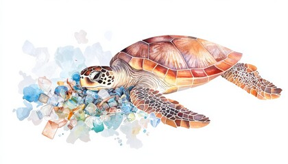 Obraz premium A detailed illustration of a turtle surrounded by various pieces of plastic, highlighting ocean pollution and its impact on marine life.