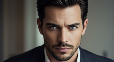 Fototapeta premium Handsome man with piercing blue eyes gazes intensely at the camera