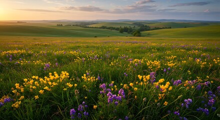 Sunset Meadow: Vibrant Wildflowers in a Serene Landscape
