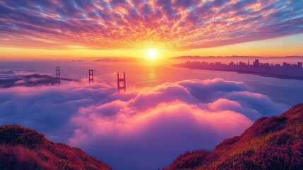 Majestic sunrise over city shrouded in colorful clouds.